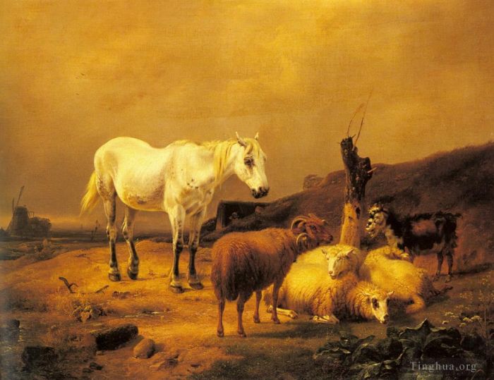 Eugene Joseph Verboeckhoven Ölgemälde - Ein Pferd, Schaf und Ziege in einer Landschaft