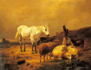 Eugene Joseph Verboeckhoven Werk - Ein Pferd, Schaf und Ziege in einer Landschaft