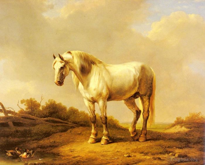 Eugene Joseph Verboeckhoven Ölgemälde - Ein weißer Hengst in einer Landschaft Eugene Verboeckhoven Pferd