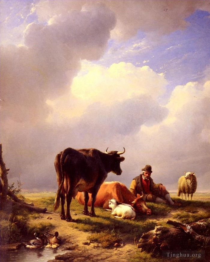 Eugene Joseph Verboeckhoven Ölgemälde - Ein Bauer ruht mit seinem Vieh