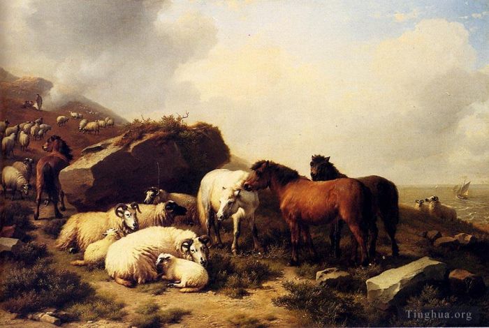 Eugene Joseph Verboeckhoven Ölgemälde - Pferde und Schafe an der Küste