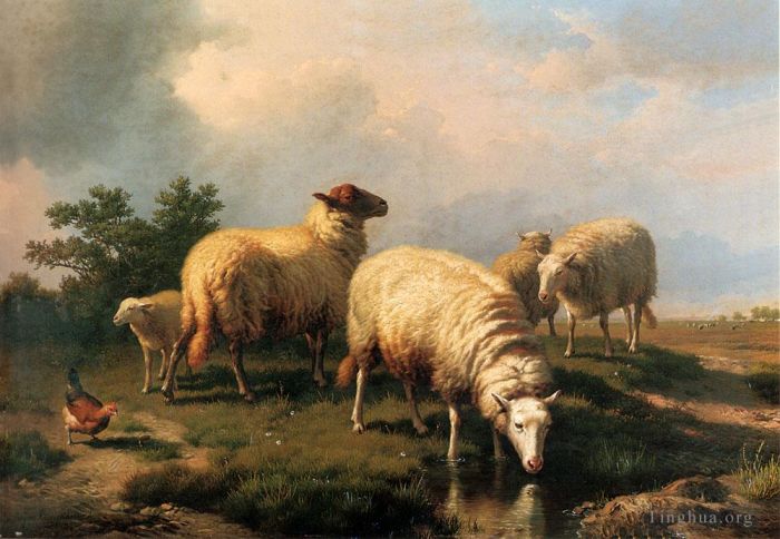 Eugene Joseph Verboeckhoven Ölgemälde - Schafe und ein Huhn in einer Landschaft