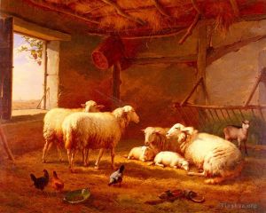 Eugene Joseph Verboeckhoven Werk - Schafe mit Hühnern und einer Ziege in einer Scheune