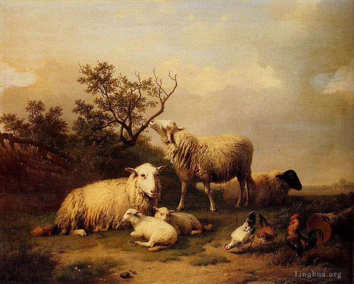 Eugene Joseph Verboeckhoven Ölgemälde - Schafe mit ruhenden Lämmern und Geflügel in einer Landschaft