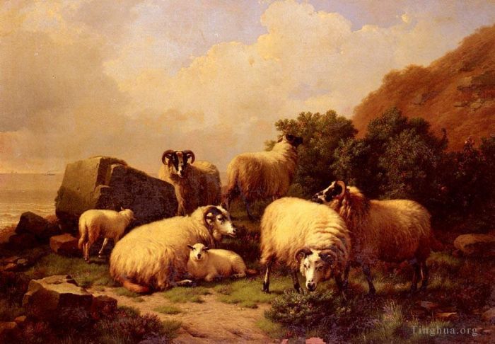 Eugene Joseph Verboeckhoven Ölgemälde - Schafe grasen an der Küste