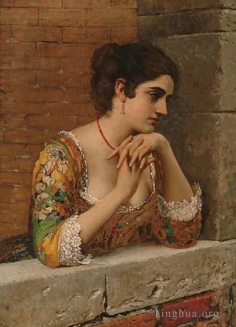 Eugene de Blaas Ölgemälde - Von der venezianischen Schönheit auf dem Balkon, Dame