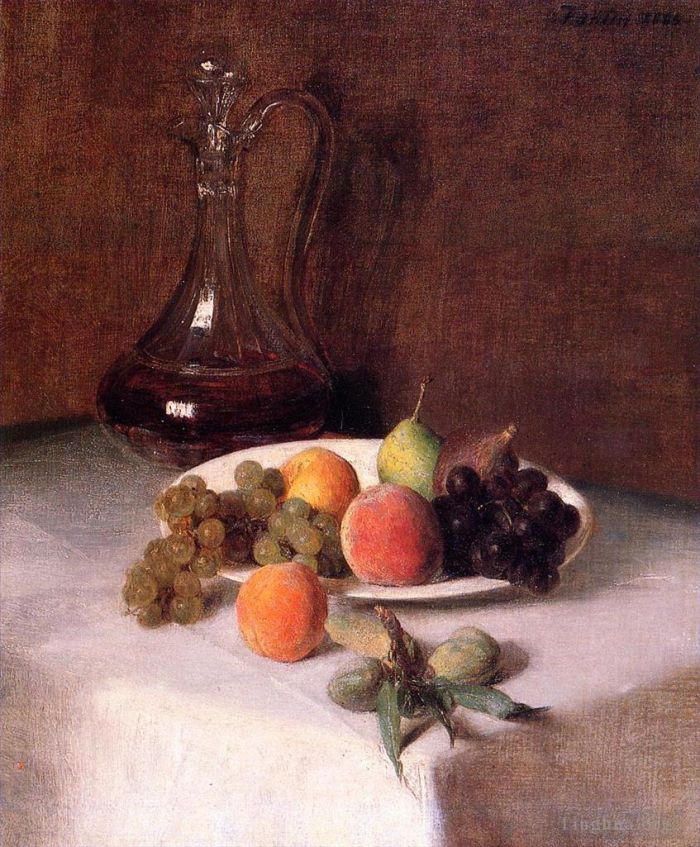 Henri Fantin-Latour Ölgemälde - Eine Karaffe Wein und ein Teller Obst auf einer weißen Tischdecke