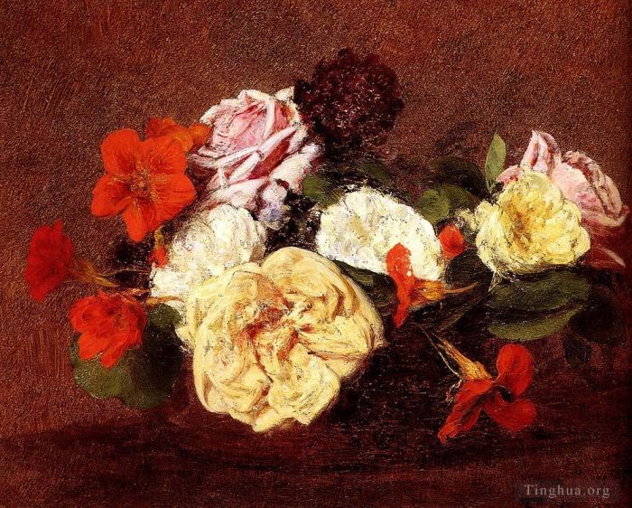 Henri Fantin-Latour Ölgemälde - Blumenstrauß aus Rosen und Kapuzinerkresse