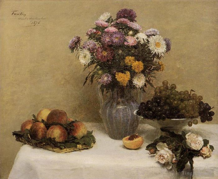 Henri Fantin-Latour Ölgemälde - Weiße Rosen, Chrysanthemen in einer Vase, Pfirsiche und Trauben auf einem Tisch mit einem Whi
