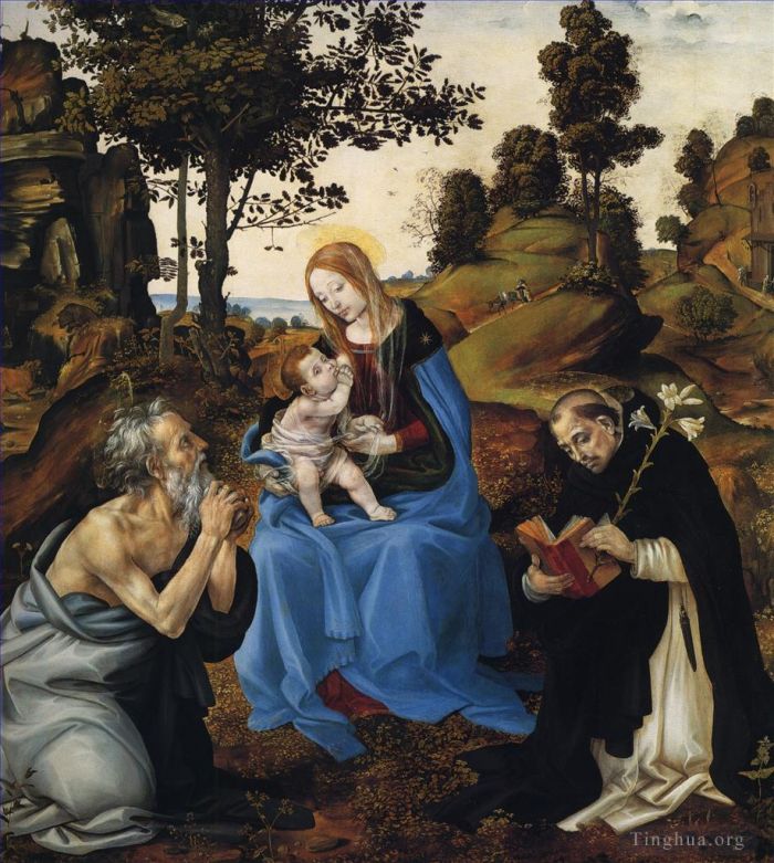 Filippino Lippi Ölgemälde - Die Jungfrau und das Kind mit den Heiligen Hieronymus und Dominikus