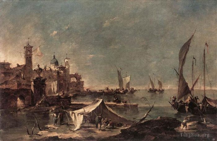 Francesco Guardi Ölgemälde - Landschaft mit einem Fischerzelt