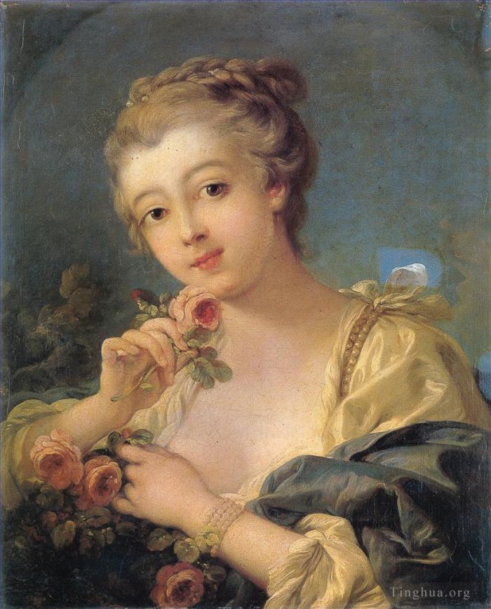 Francois Boucher Ölgemälde - Junge Frau mit einem Rosenstrauß Francois Boucher
