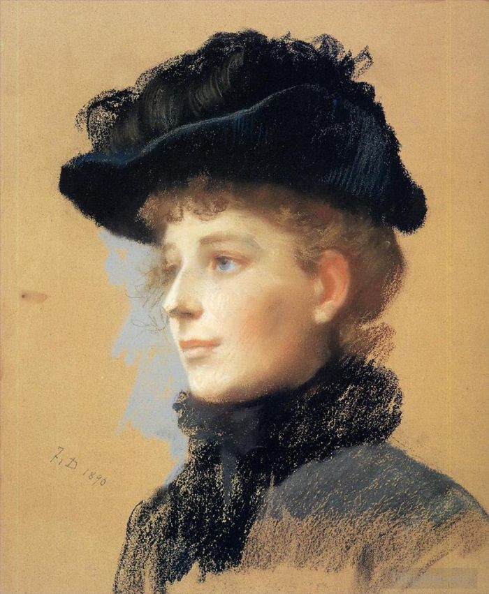 Frank Duveneck Ölgemälde - Porträt einer Frau mit schwarzem Hut