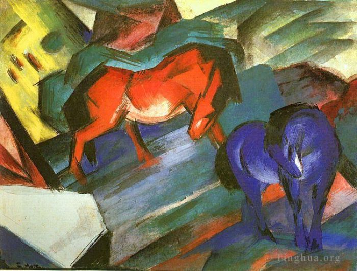 Franz Marc Ölgemälde - Rote und blaue Pferde