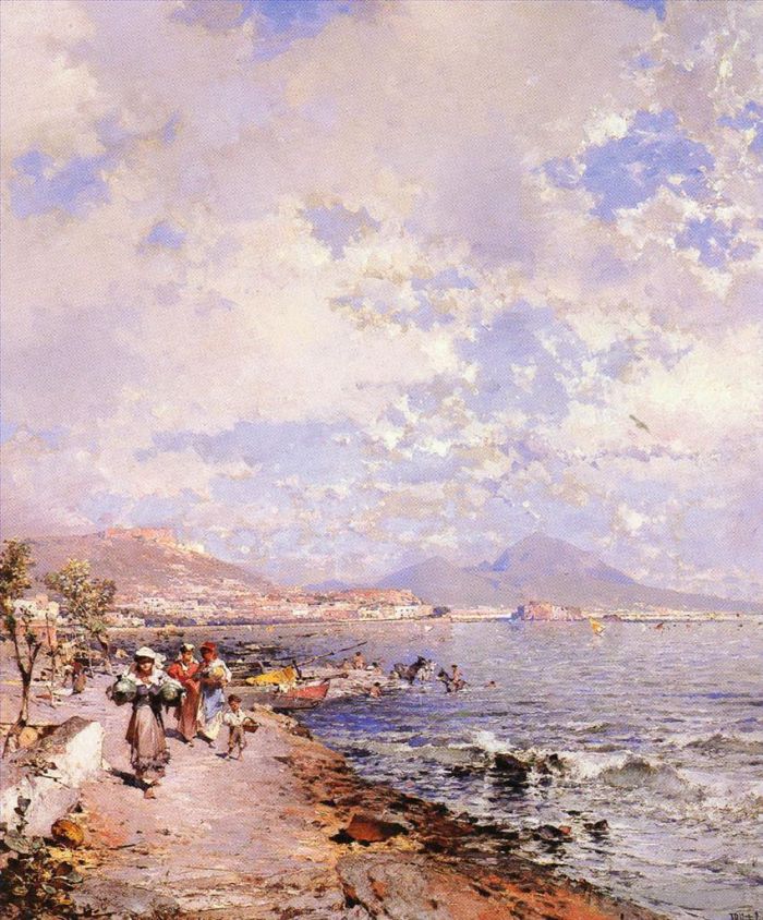 Franz Richard Unterberger Ölgemälde - Belgisch Die Bucht von Neapel