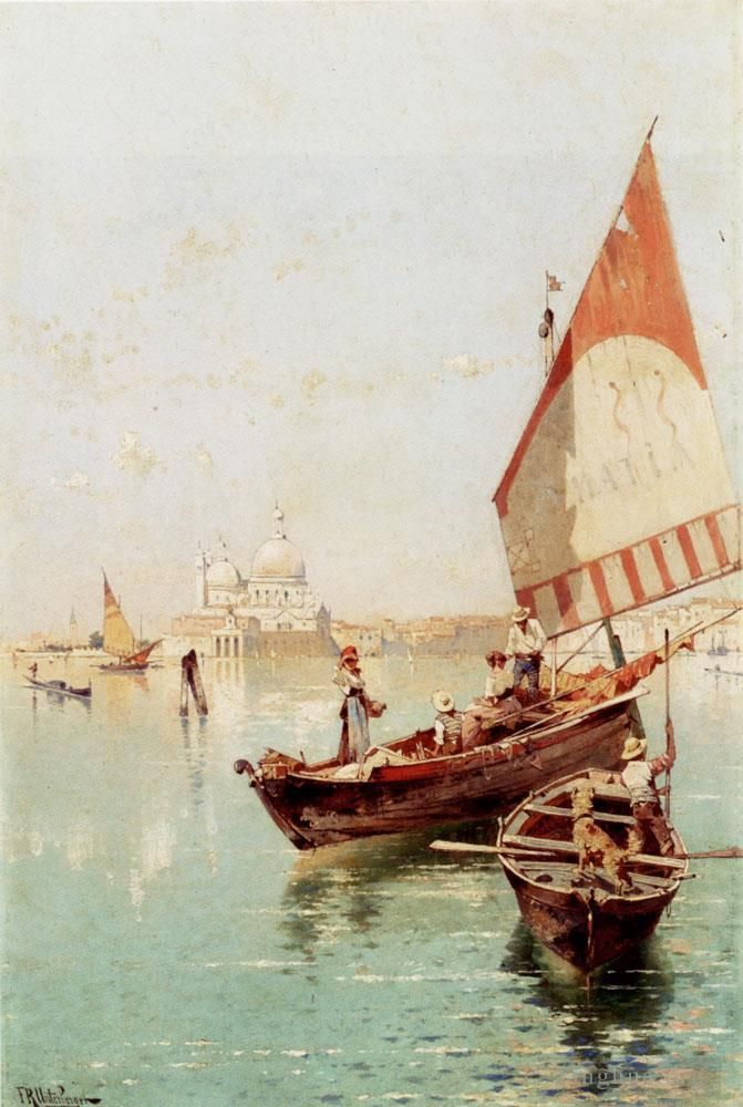 Franz Richard Unterberger Ölgemälde - Segelboot in einer venezianischen Lagune