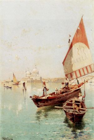 Franz Richard Unterberger Werk - Segelboot in einer venezianischen Lagune
