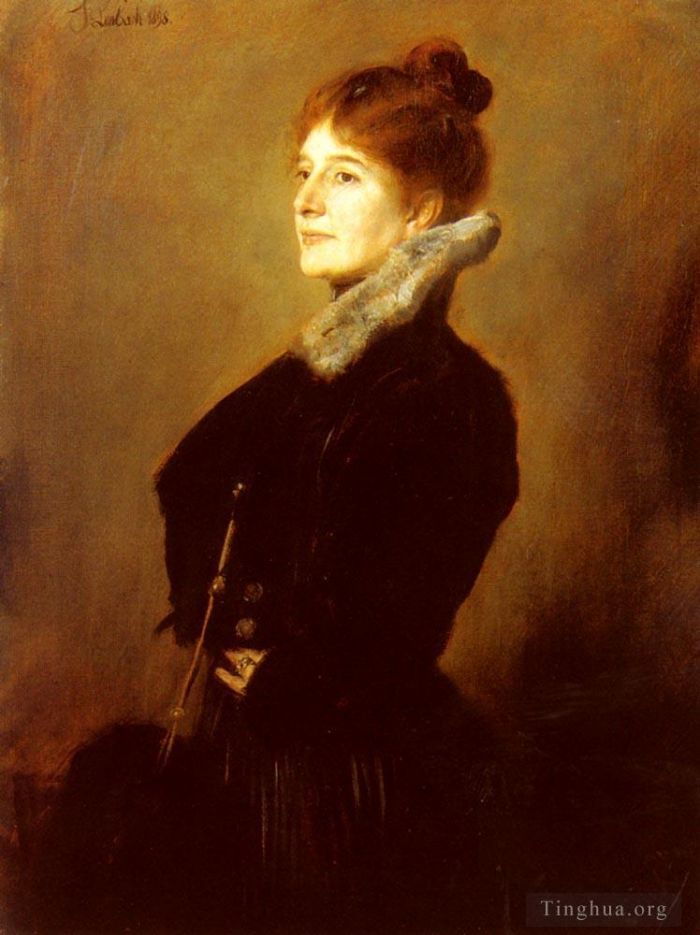 Franz von Lenbach Ölgemälde - Porträt einer Dame, die einen schwarzen Mantel mit Pelzkragen trägt