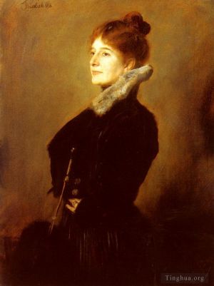 Franz von Lenbach Werk - Porträt einer Dame, die einen schwarzen Mantel mit Pelzkragen trägt