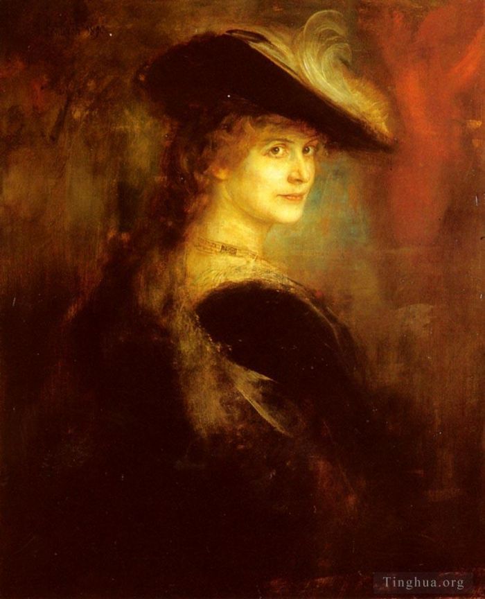 Franz von Lenbach Ölgemälde - Porträt einer eleganten Dame im rubenesken Kostüm