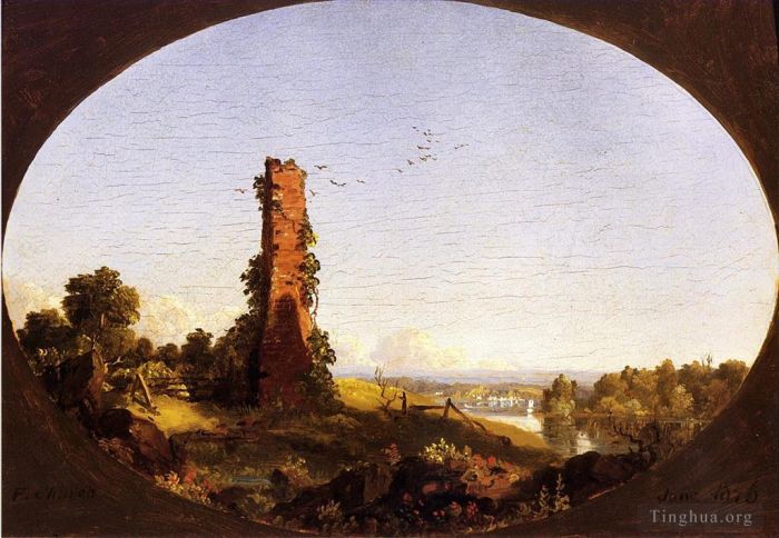 Frederic Edwin Church Ölgemälde - Neuengland-Landschaft mit zerstörtem Schornstein