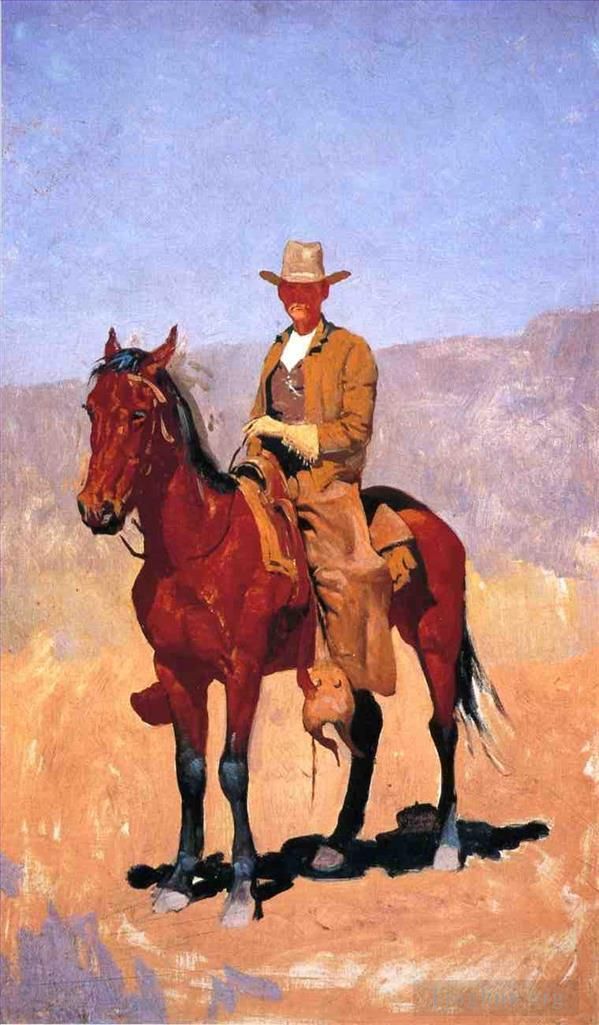 Frederic Remington Ölgemälde - Berittener Cowboy in Chaps mit Rennpferd