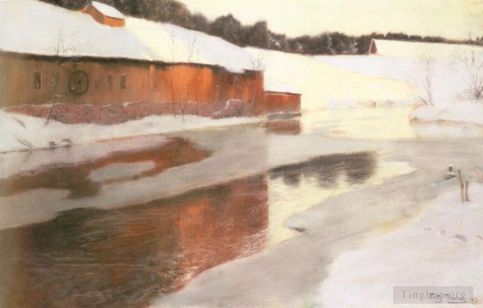 Frits Thaulow Ölgemälde - Ein Fabrikgebäude in der Nähe eines eiskalten Flusses im Winter