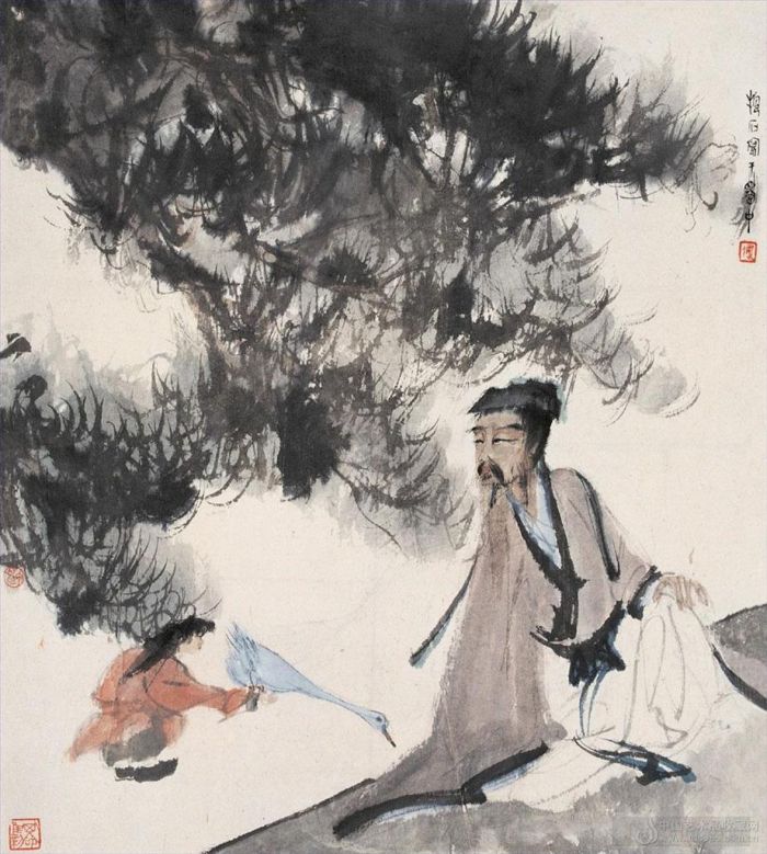 Fu Baoshi Chinesische Kunst - 5 Mann und Gans