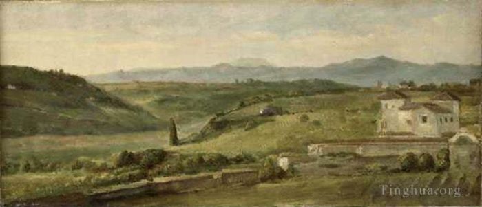 George Frederic Watts Ölgemälde - Panoramalandschaft mit Bauernhaus