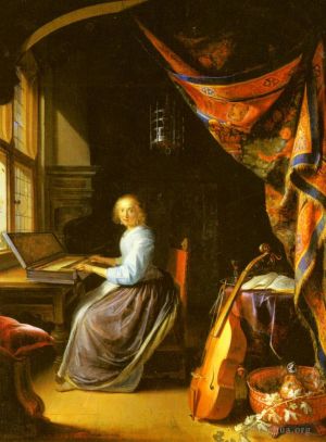 Gerrit Dou Werk - Eine Frau, die ein Clavichord spielt