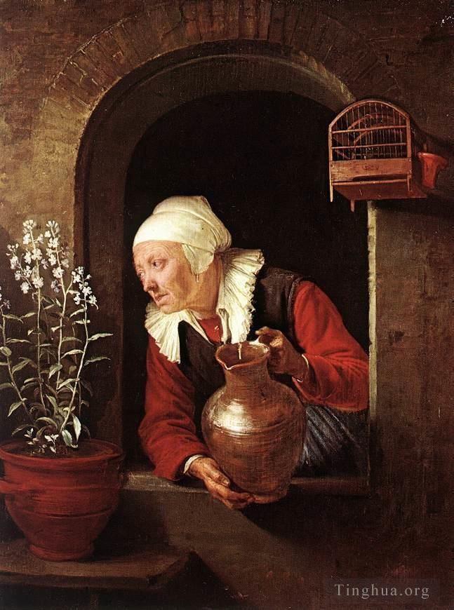 Gerrit Dou Ölgemälde - Alte Frau, die Blumen gießt