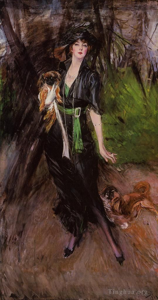 Giovanni Boldini Ölgemälde - Porträt einer Lady Lina Bilitis mit zwei Pekinesen