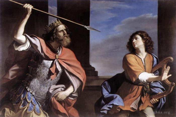 Guercino Ölgemälde - Saul greift David an