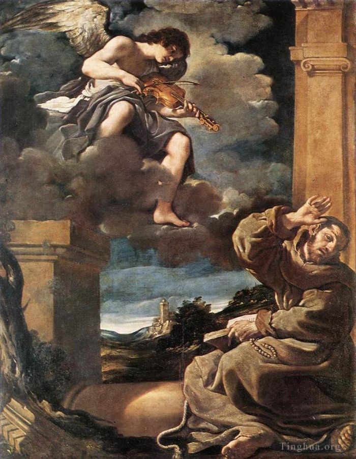 Guercino Ölgemälde - Der heilige Franziskus mit einem Engel, der Geige spielt