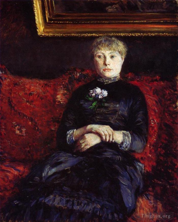 Gustave Caillebotte Ölgemälde - Frau sitzt auf einem Sofa mit roten Blumen