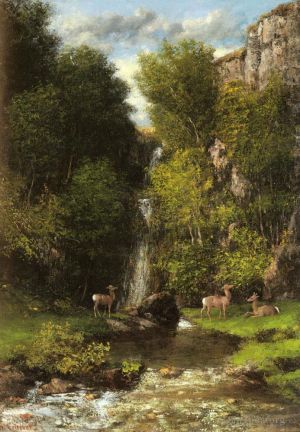 Gustave Courbet Werk - Eine Familie von Hirschen in einer Landschaft mit einem Wasserfall