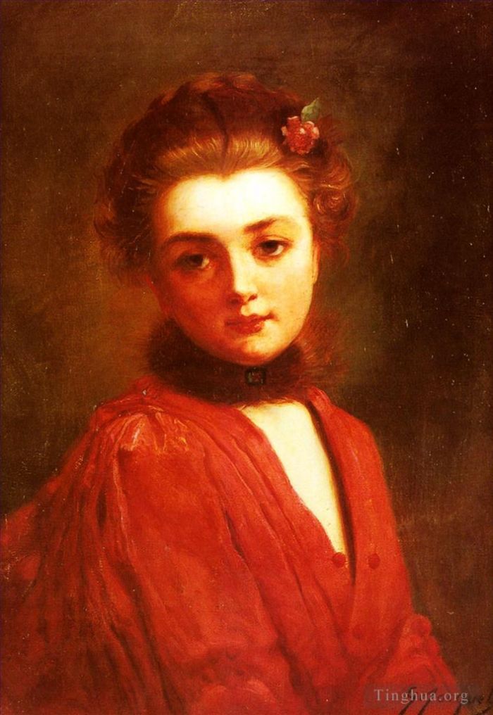 Gustave Jacquet Ölgemälde - Porträt eines Mädchens in einer roten Kleiddame