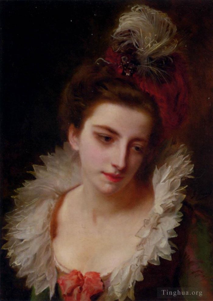 Gustave Jacquet Ölgemälde - Porträt einer Dame mit einer gefiederten Hutdame