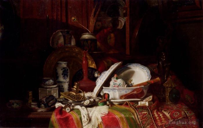 Gustave Jacquet Ölgemälde - Trinquier Antoine Guillaume Stillleben mit Geschirr, einer Vase, einem Kerzenständer und anderen Gegenständen