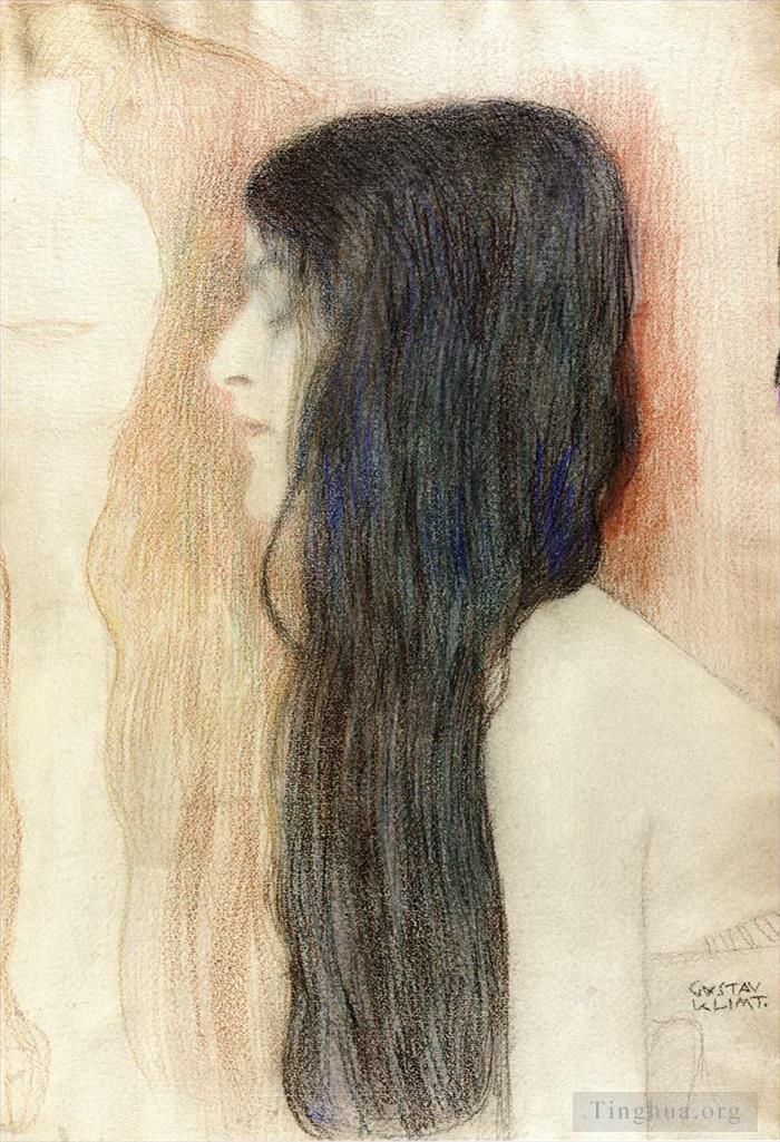 Gustave Klimt Ölgemälde - Mädchen mit langen Haaren mit einer Skizze für Nude Veritas