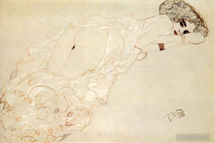 Gustave Klimt Ölgemälde - Liegender Akt, auf dem Bauch liegend und nach rechts blickend