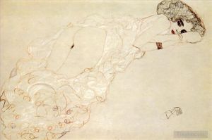 Gustave Klimt Werk - Liegender Akt, auf dem Bauch liegend und nach rechts blickend