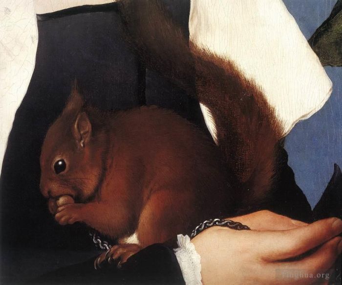 Hans Holbein the Younger Ölgemälde - Porträt einer Dame mit einem Eichhörnchen und einem Star, Detail 1