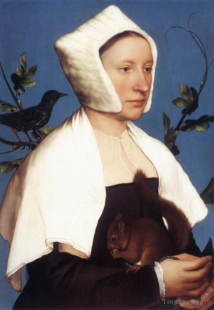 Hans Holbein the Younger Ölgemälde - Porträt einer Dame mit einem Eichhörnchen und einem Star
