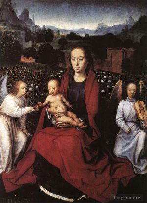 Hans Memling Werk - Jungfrau und Kind in einem Rosengarten mit zwei Engeln, 1480er Jahre