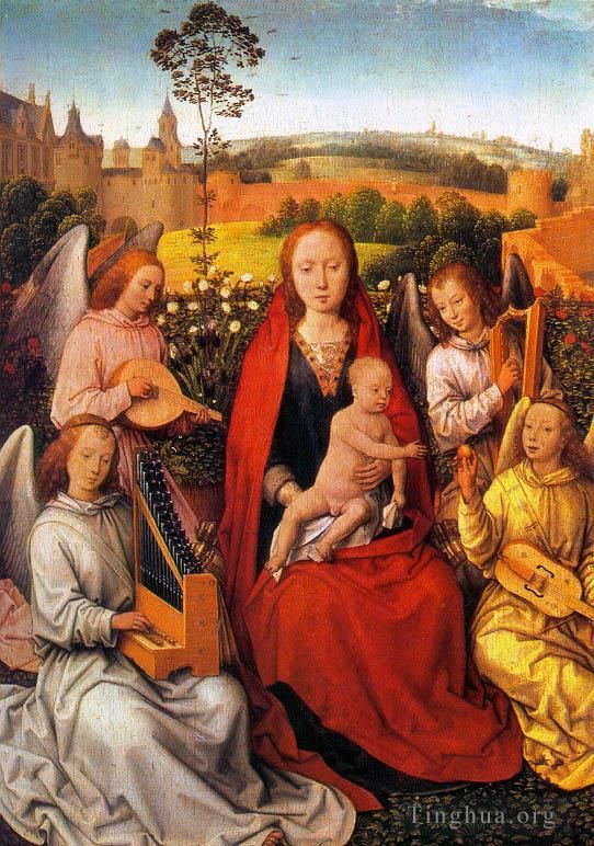 Hans Memling Ölgemälde - Jungfrau und Kind mit musizierenden Engeln, 1480