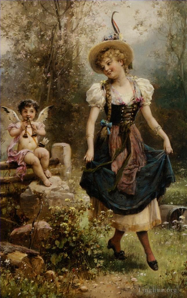 Hans Zatzka Ölgemälde - Blumenengel und tanzendes Mädchen