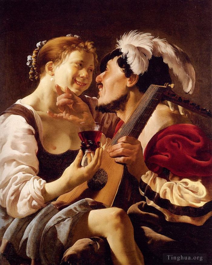 Hendrick ter Brugghen Ölgemälde - Ein Lautenspieler zechelt mit einer jungen Frau, die einen Römer hält