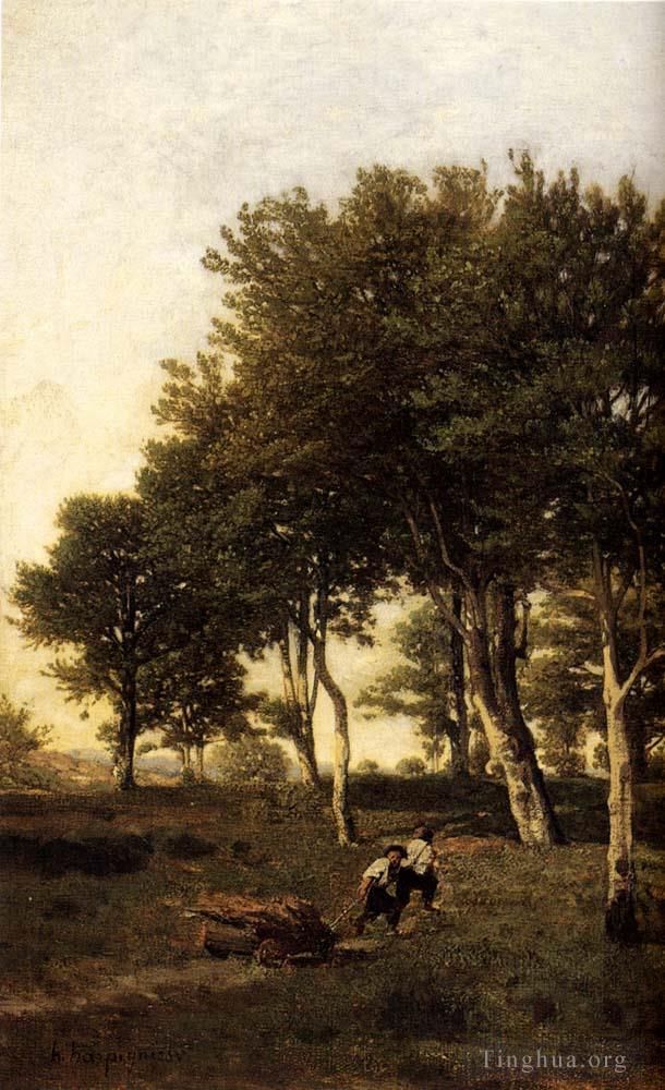 Henri-Joseph Harpignies Ölgemälde - Landschaft mit zwei Jungen, die Brennholz tragen