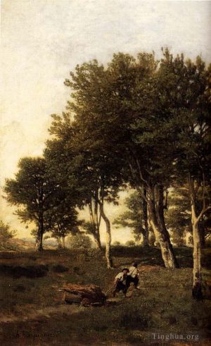 Henri-Joseph Harpignies Werk - Landschaft mit zwei Jungen, die Brennholz tragen